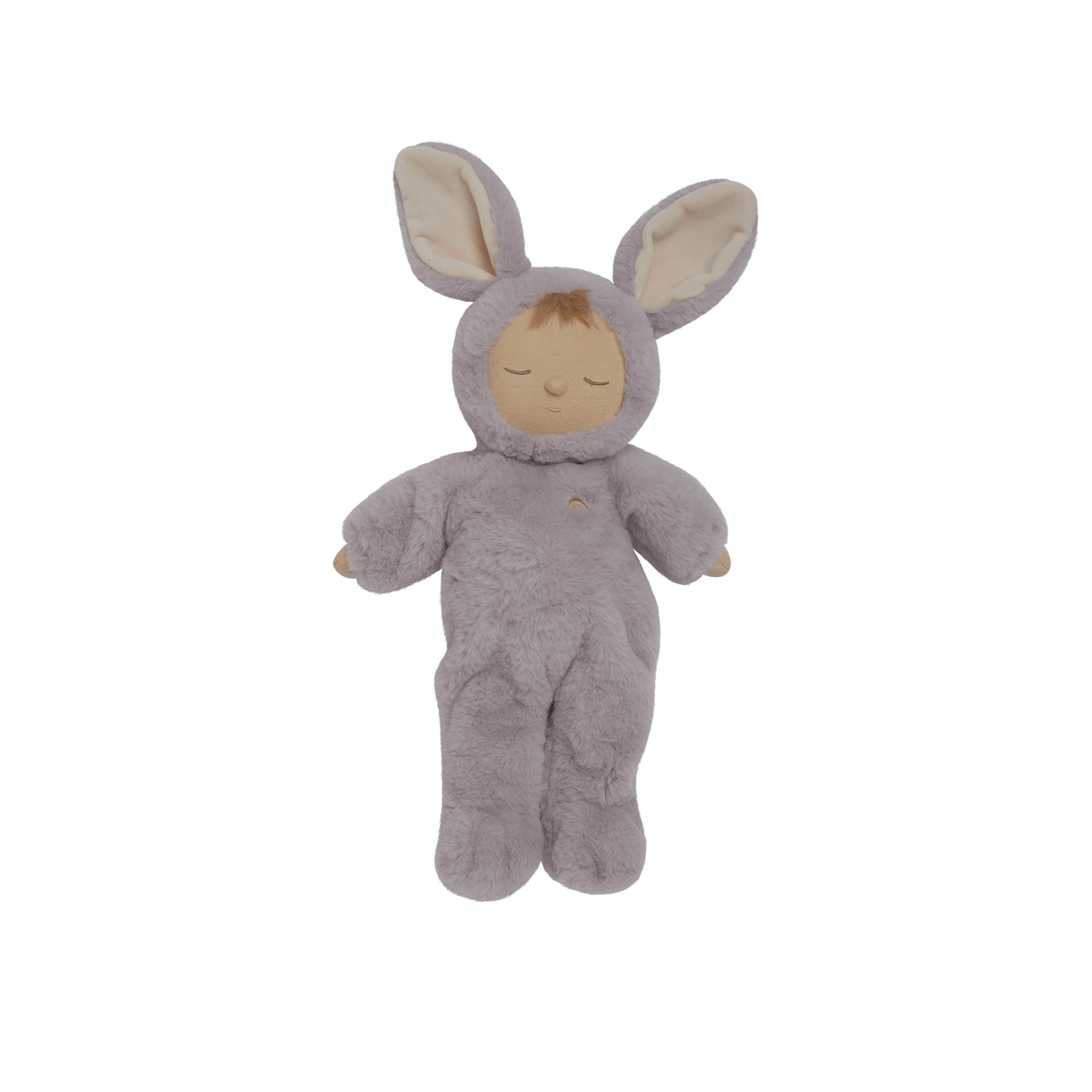 Gray plush toy with bunny ears on a black background