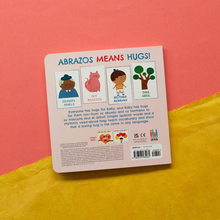 Back cover of a children's book with illustrations and text on a pink and yellow background