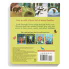 Back cover of a children's book with illustrations of animals and text about animal habitats.