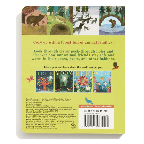 Back cover of a children's book with illustrations of animals and text about animal habitats.