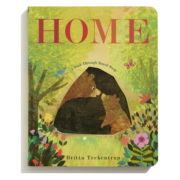 Board book titled 'HOME' with illustrations of a bear and cub in a forest setting.