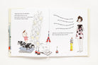 Illustrated book open to a page with characters and text on a white background