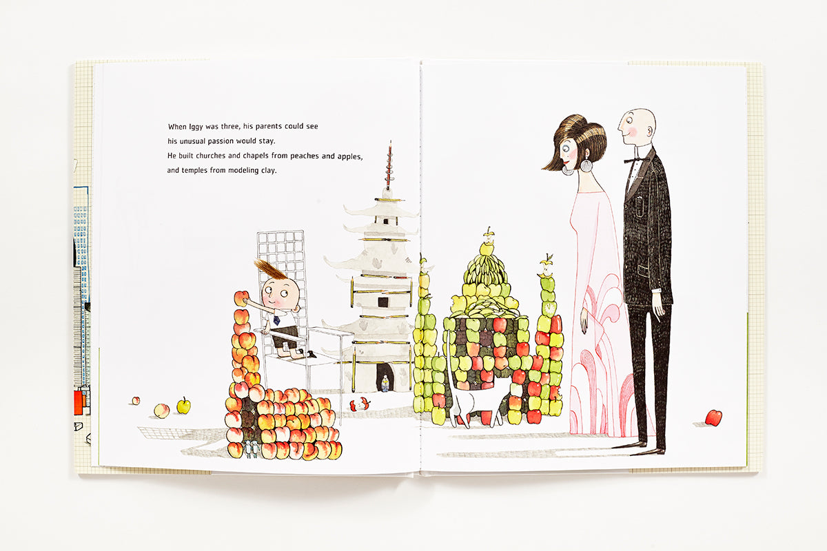 Illustrated book page with characters and colorful elements on a white background
