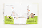 Illustrated book page with a bridge and people on a white background