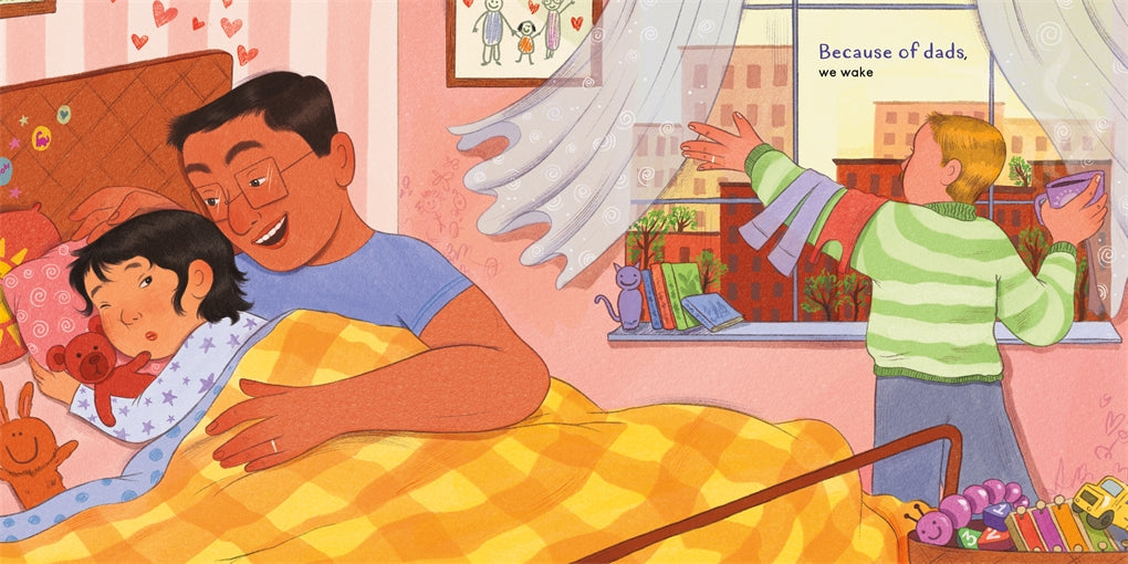 Illustration of a father and child in bed with a window view, from a children's book.