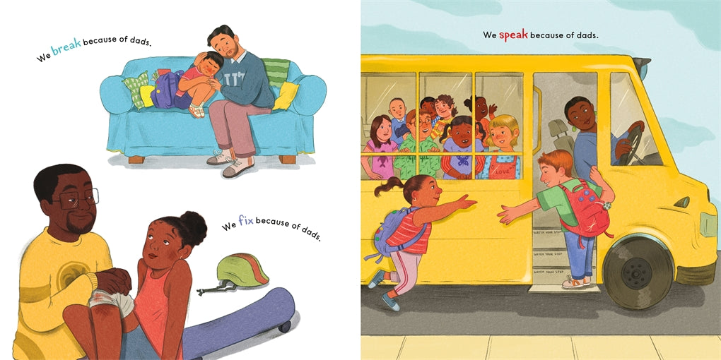 Illustrated book pages showing a family on a couch and children boarding a school bus.