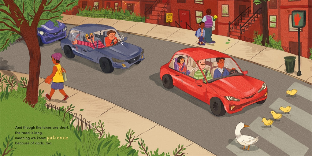 Illustration of a street scene with cars, people, and a duck crossing the road.
