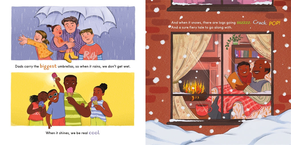 Illustrations of children and families in various weather conditions, including rain and snow, with text.