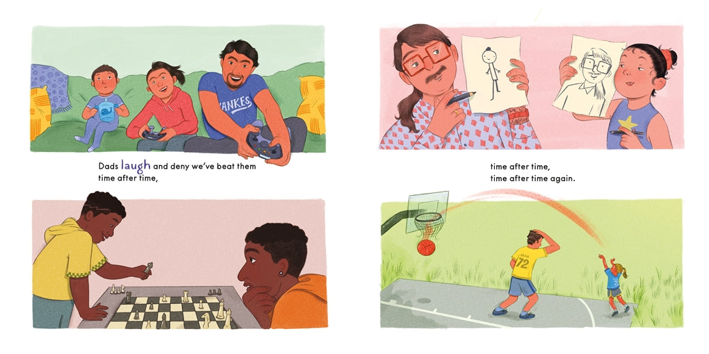 Illustrations of a family playing together and a child learning to draw.