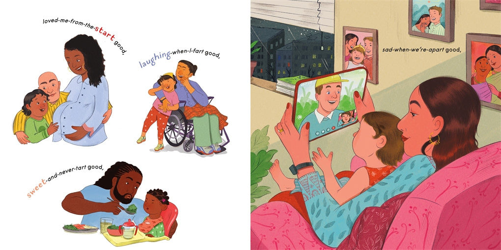 Illustrations of a family with children using technology, including a wheelchair and a tablet.