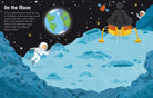 Illustration of an astronaut on the moon with a spacecraft and Earth in the background.