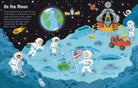 An educational children's book illustration titled 'On the Moon' showing cartoon astronauts exploring a lunar surface with a moon landing rover, lunar module, Earth, and stars in a black space background.