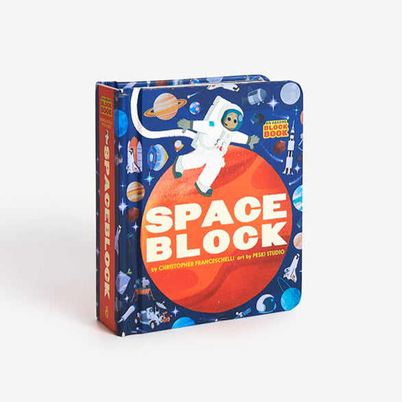 Book titled 'Space Block' with an astronaut illustration on a blue background