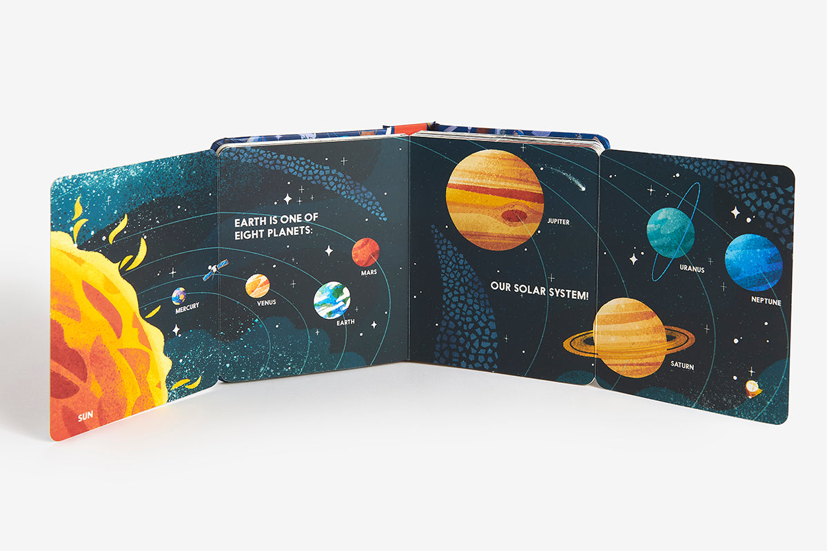 Children's book about the solar system with colorful illustrations of planets on a white background