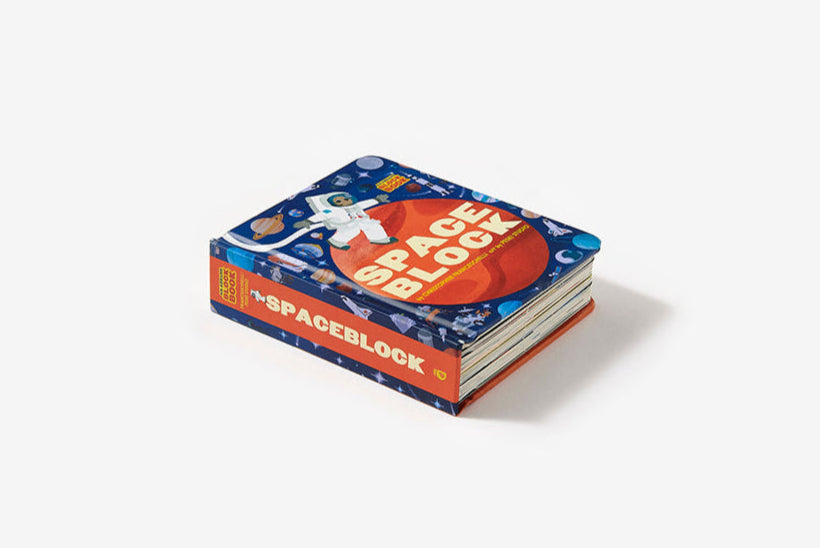 Children's book titled 'Spaceblock' with a space-themed cover on a white background