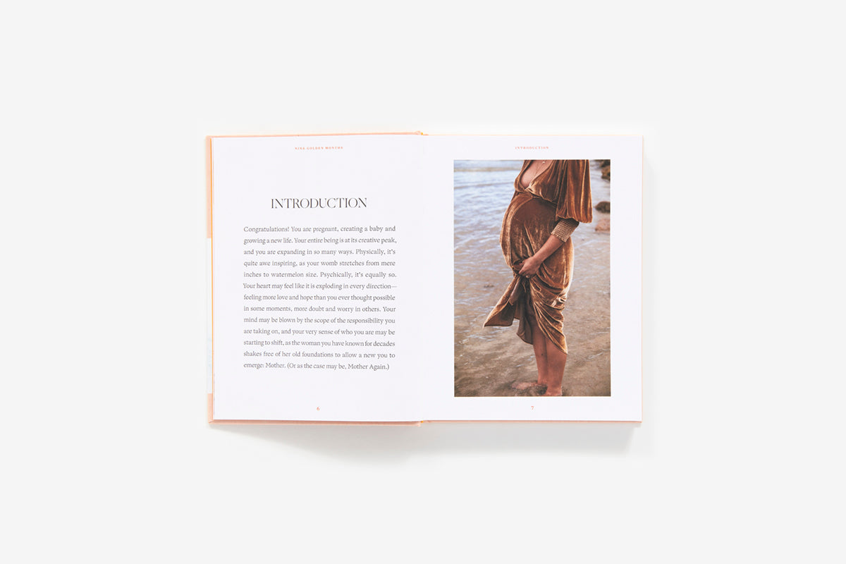 Open book with text on one page and a photograph of a person in a dress on the other, against a white background.