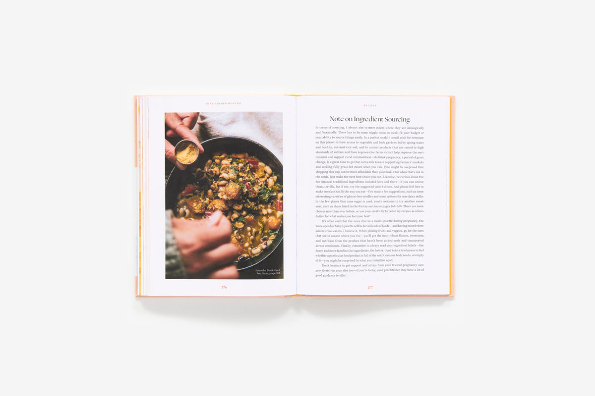 Open book showing a page with a photograph of a dish and text on a white background
