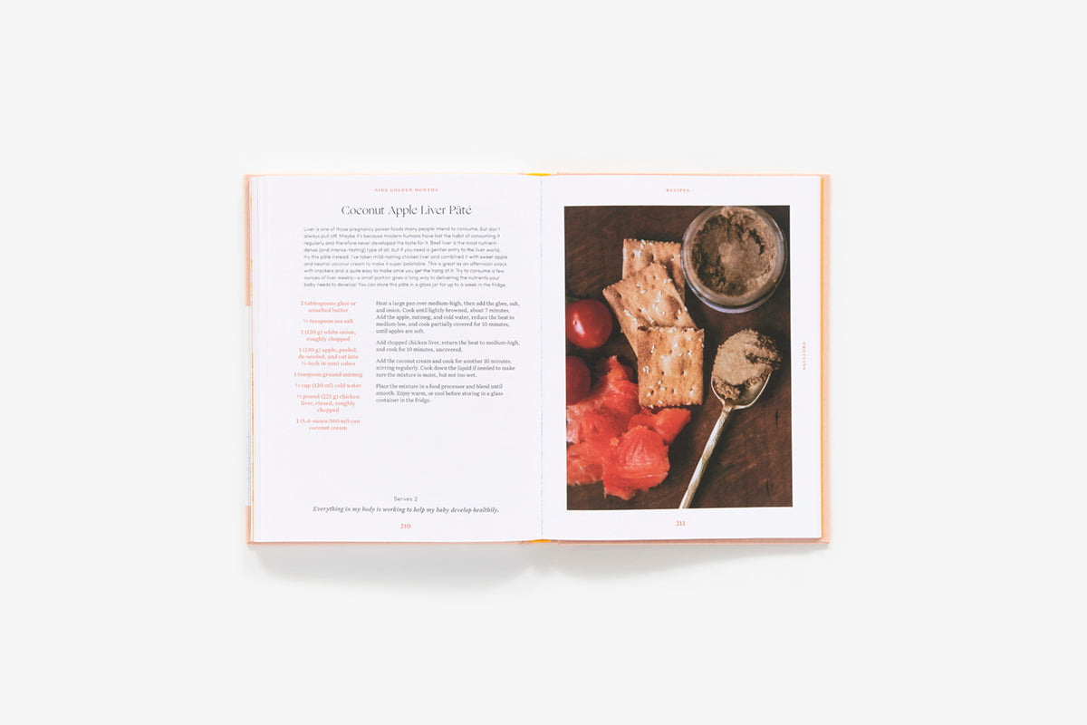 Open book showing a recipe with an image of food on a white background