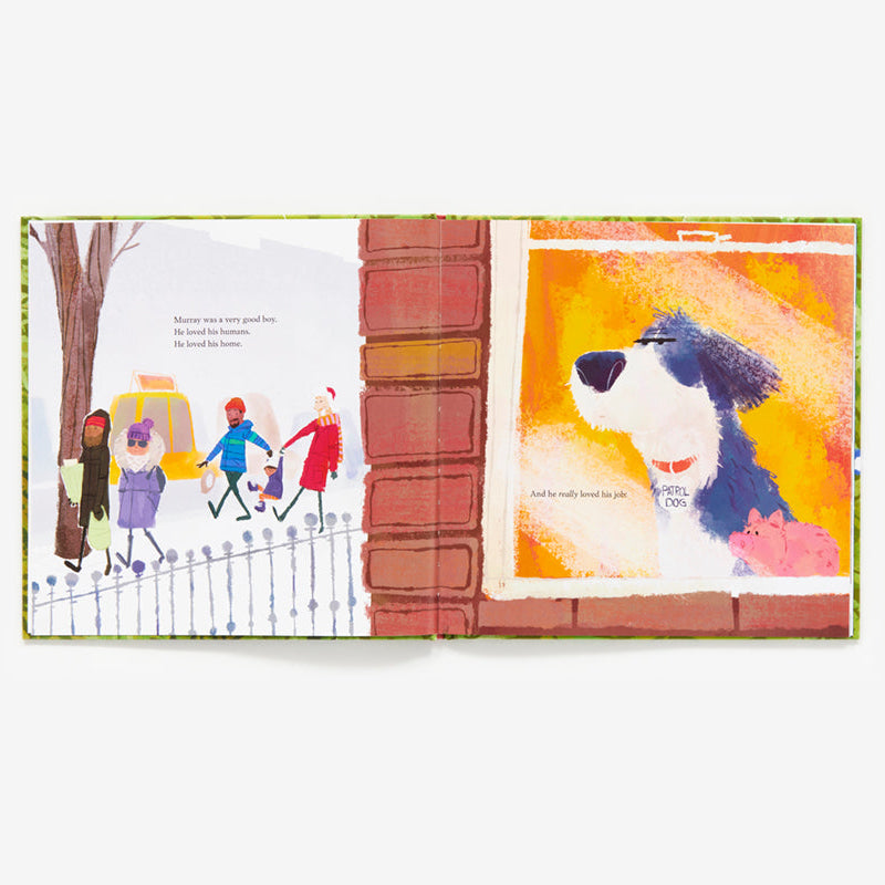 Illustrated book page with a dog and children on a street corner.