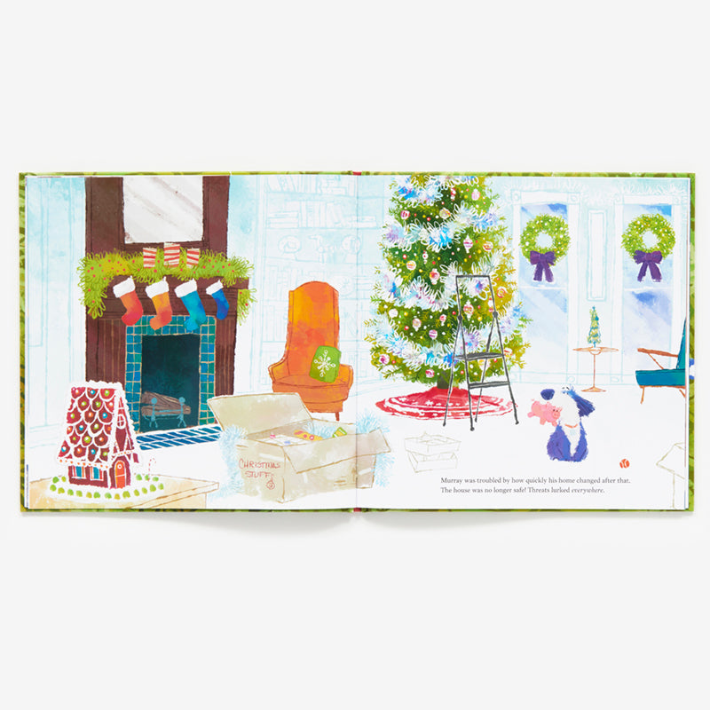 Illustrated book page with Christmas-themed scenes including a fireplace, tree, and gingerbread house.