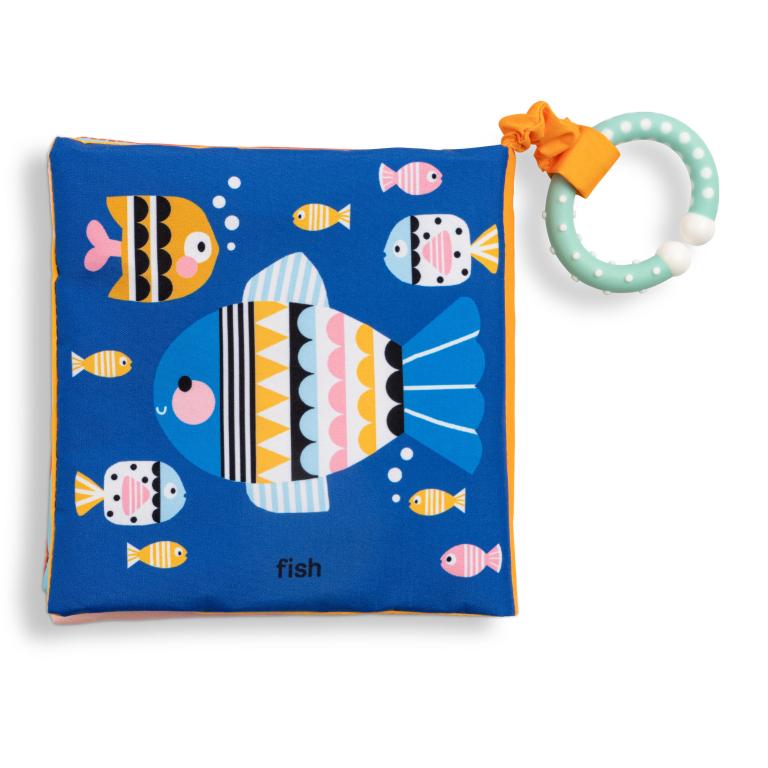 Children's book with fish illustrations and a matching rattle on a white background