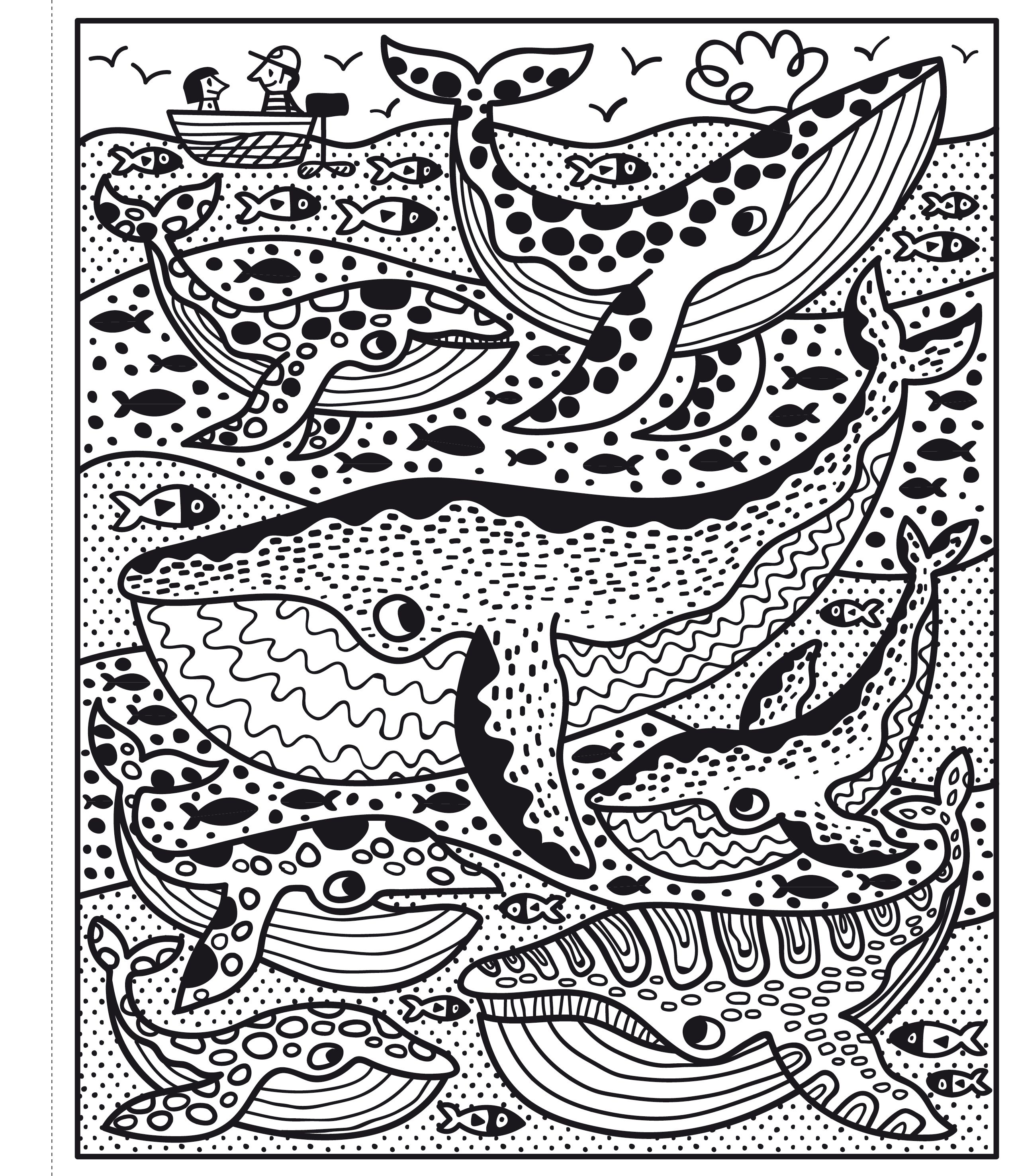 Black and white illustration of whales and fish on a coloring page.