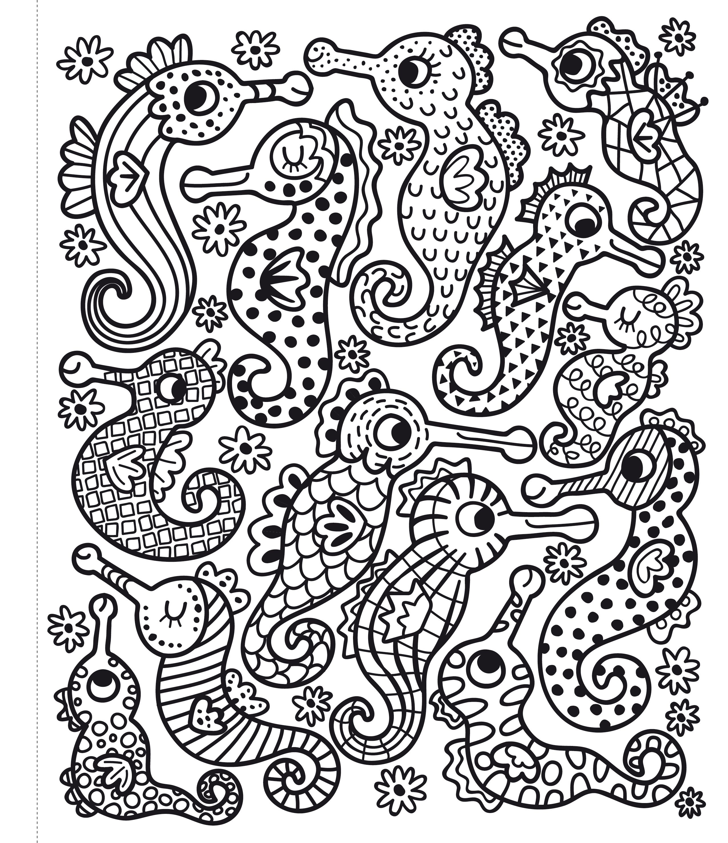 Coloring page with intricate seahorse designs on a white background