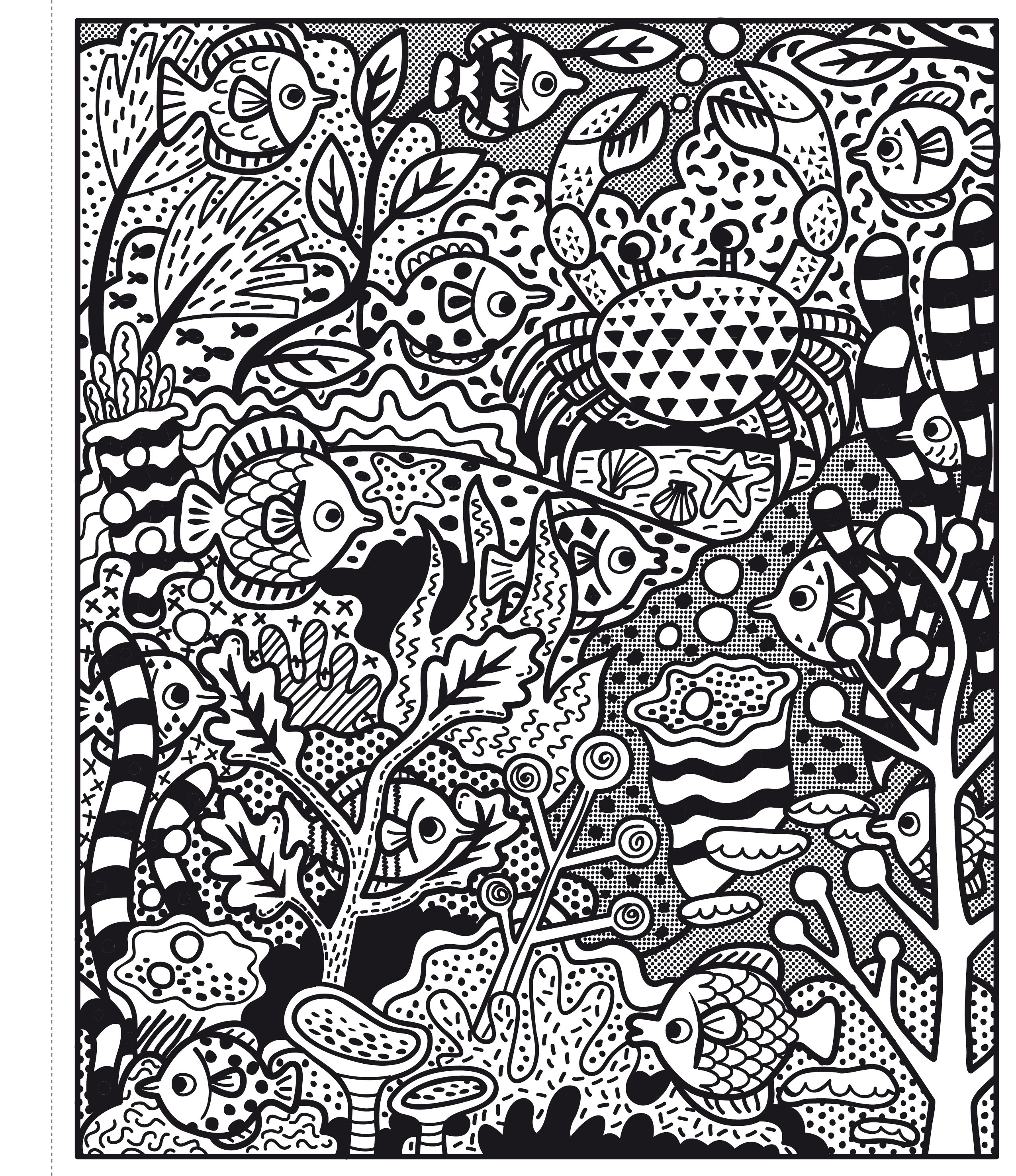 Black and white intricate pattern of sea creatures and plants