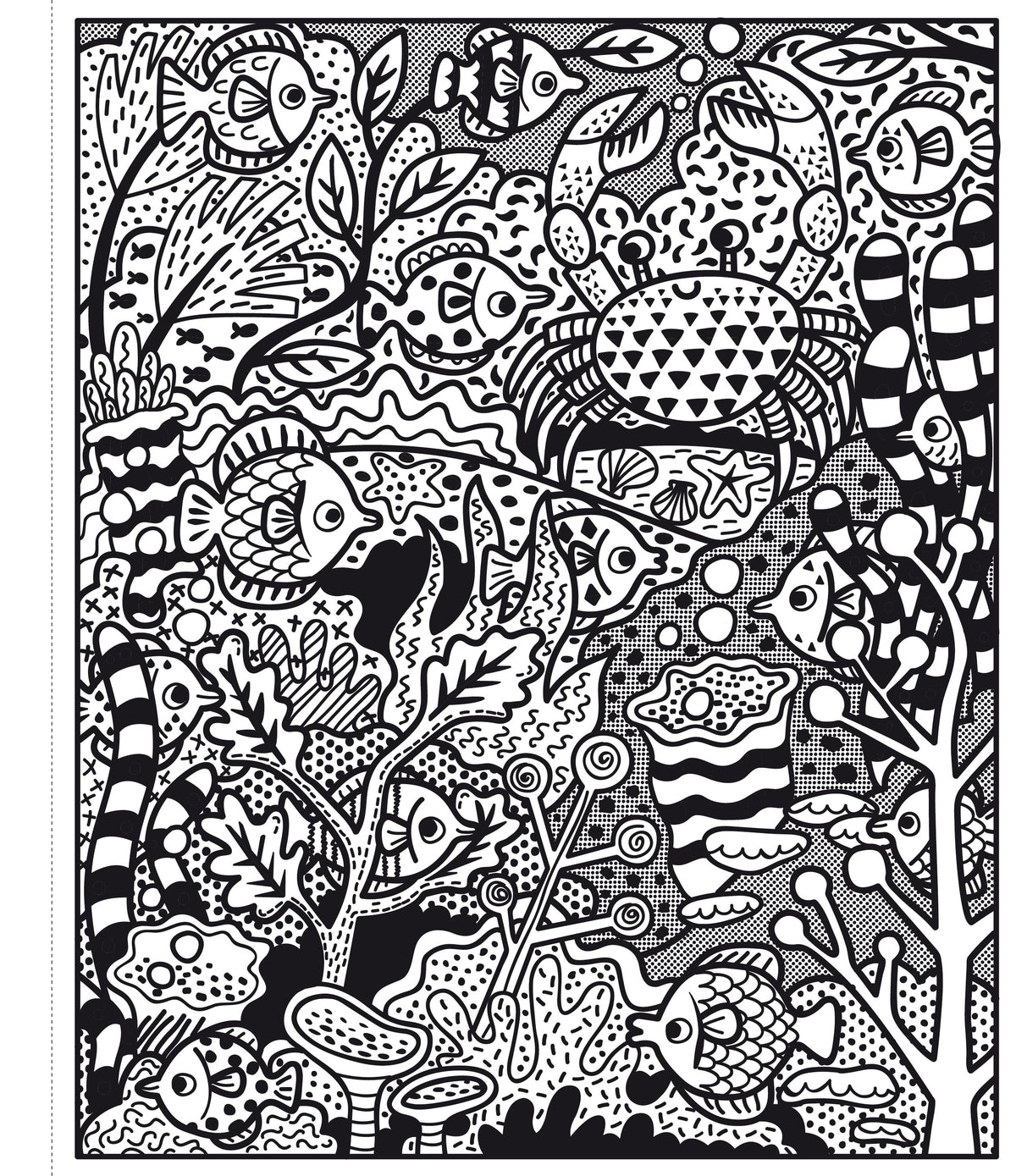 Black and white intricate pattern of sea creatures and plants