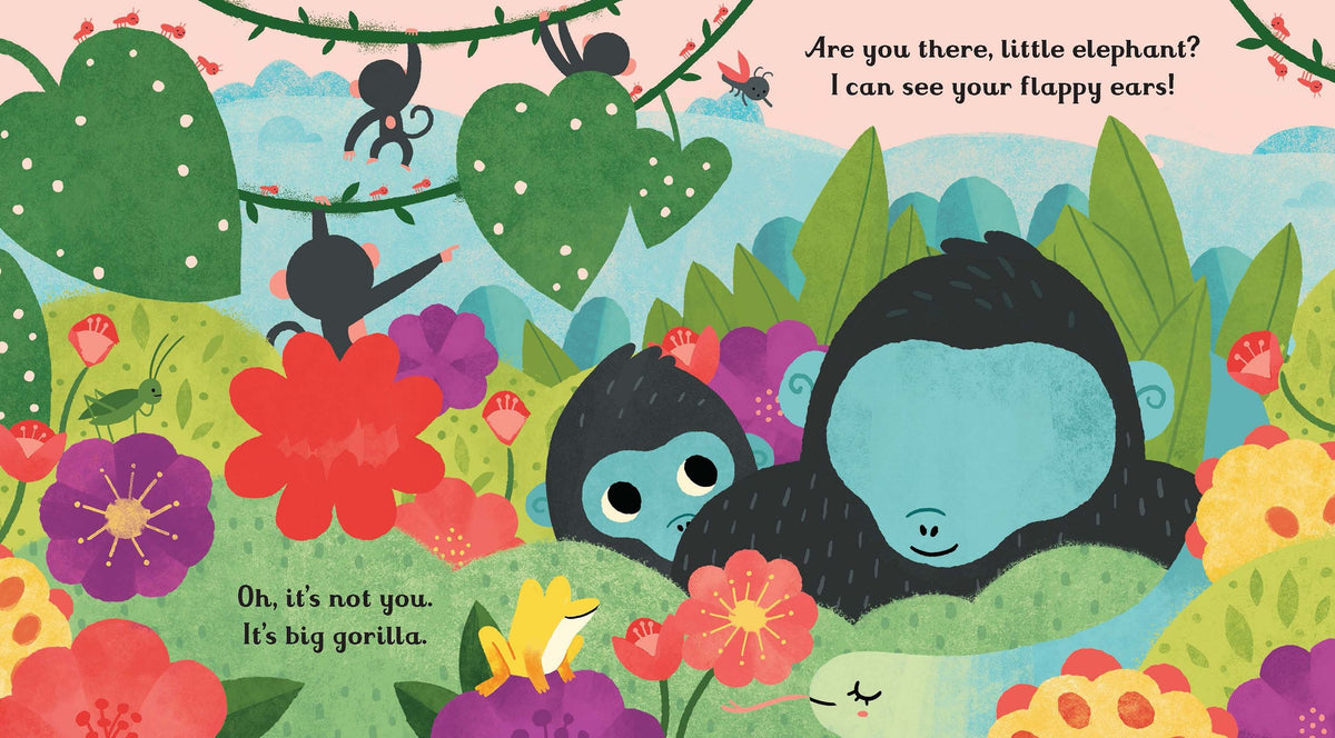 Illustration of a gorilla and elephant in a colorful jungle scene with text.