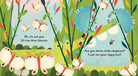 Children's book illustration with caterpillars, butterflies, and text on a green background