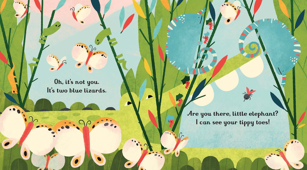 Children's book illustration with caterpillars, butterflies, and text on a green background