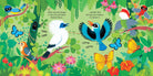 Colorful illustration of birds and butterflies in a tropical setting with text.