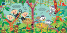 Children's book page with cartoon characters in a forest setting