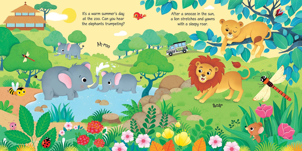 Illustrated zoo scene with animals and text on a warm summer's day.
