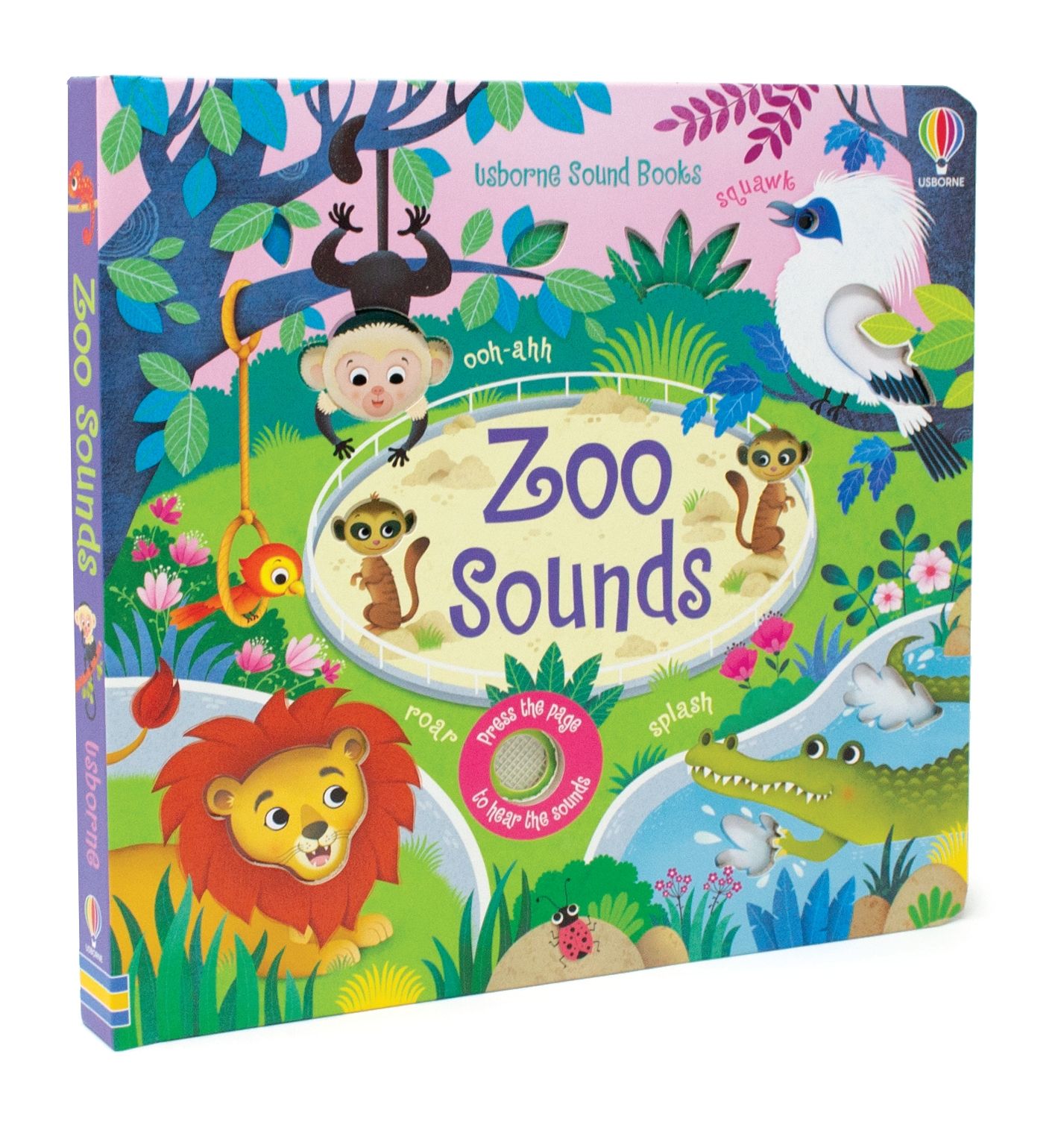Children's book titled 'Zoo Sounds' with colorful illustrations on a white background