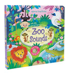 Children's book titled 'Zoo Sounds' with colorful illustrations on a white background