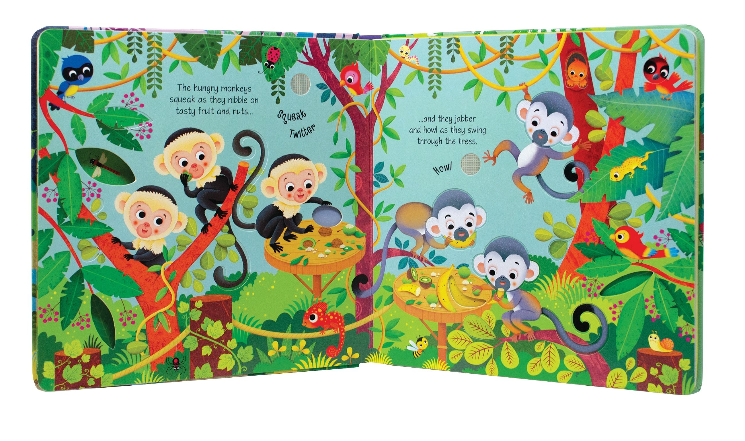Open children's book with colorful monkey illustrations on a white background