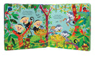 Open children's book with colorful monkey illustrations on a white background