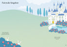 A whimsical illustrated page titled 'Fairytale kingdom' showing a pastel landscape with a white castle, blue roofs, blue trees, pink flowers, rabbits, and small text instructions.