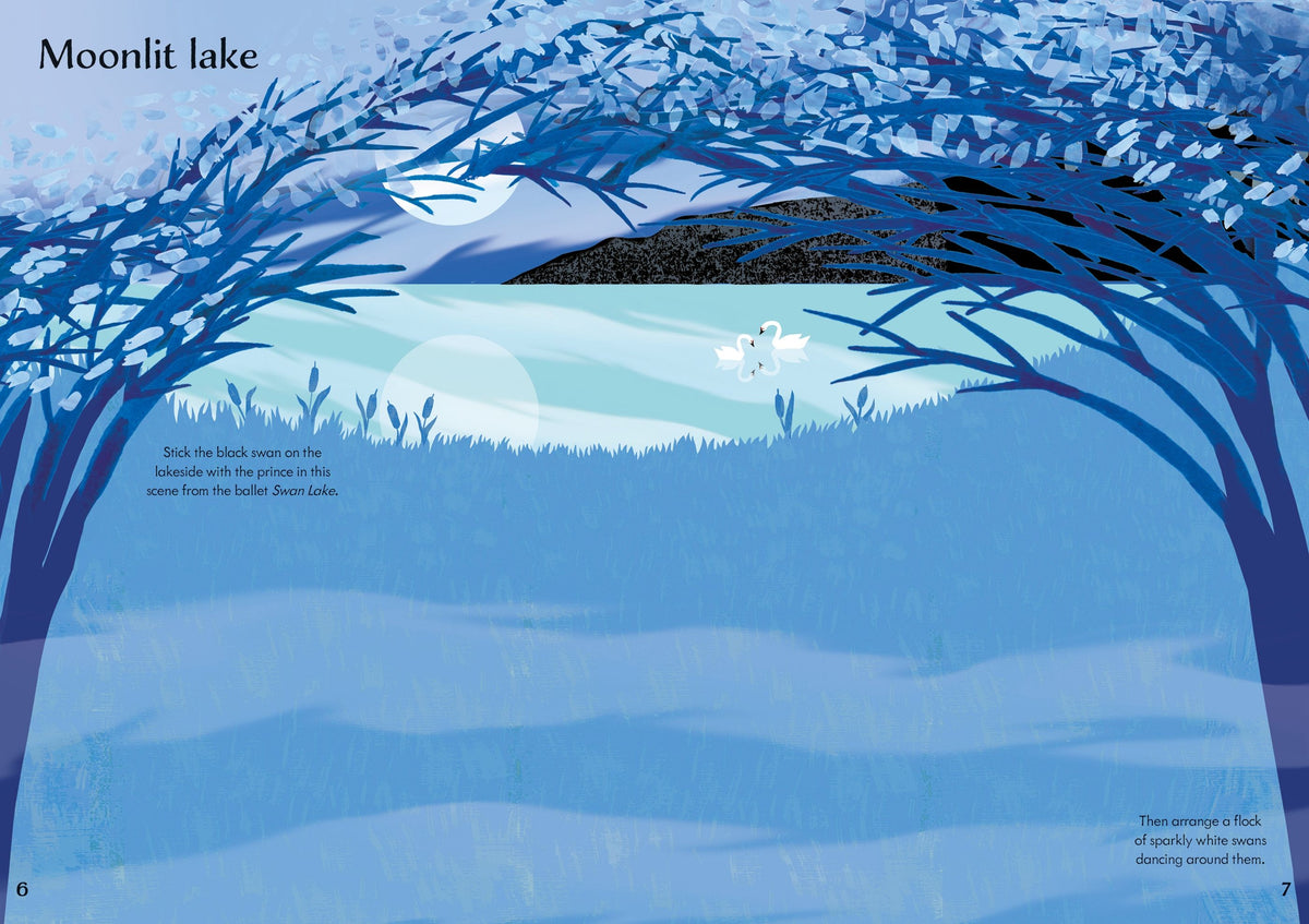 Illustration of a moonlit lake with trees and water, labeled 'Moonlit lake'.