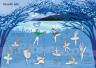 Illustration of ballet dancers on a moonlit lake with swans and trees.