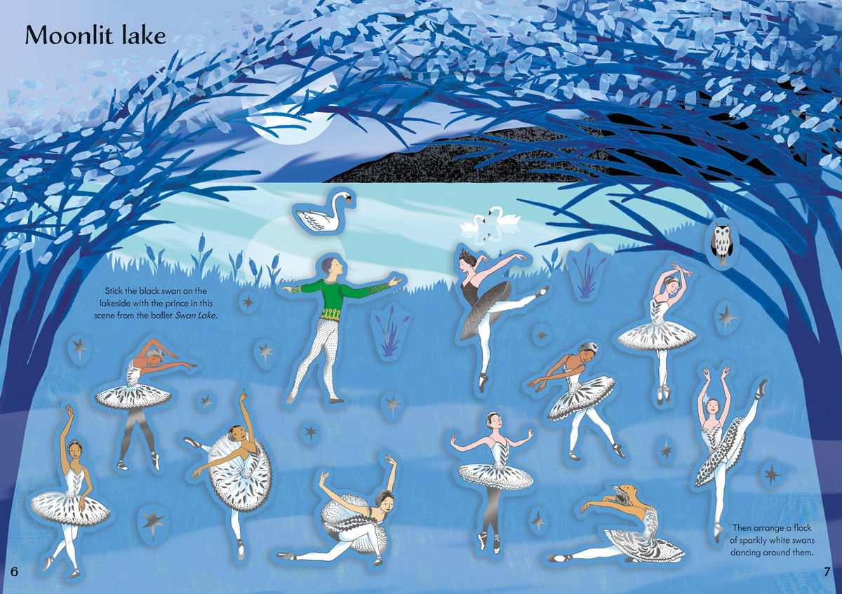 Illustration of ballet dancers on a moonlit lake with swans and trees.