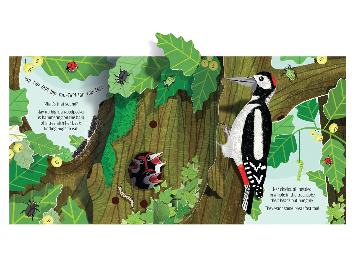Illustration of a woodpecker on a tree trunk with leaves and insects, part of a larger scene.