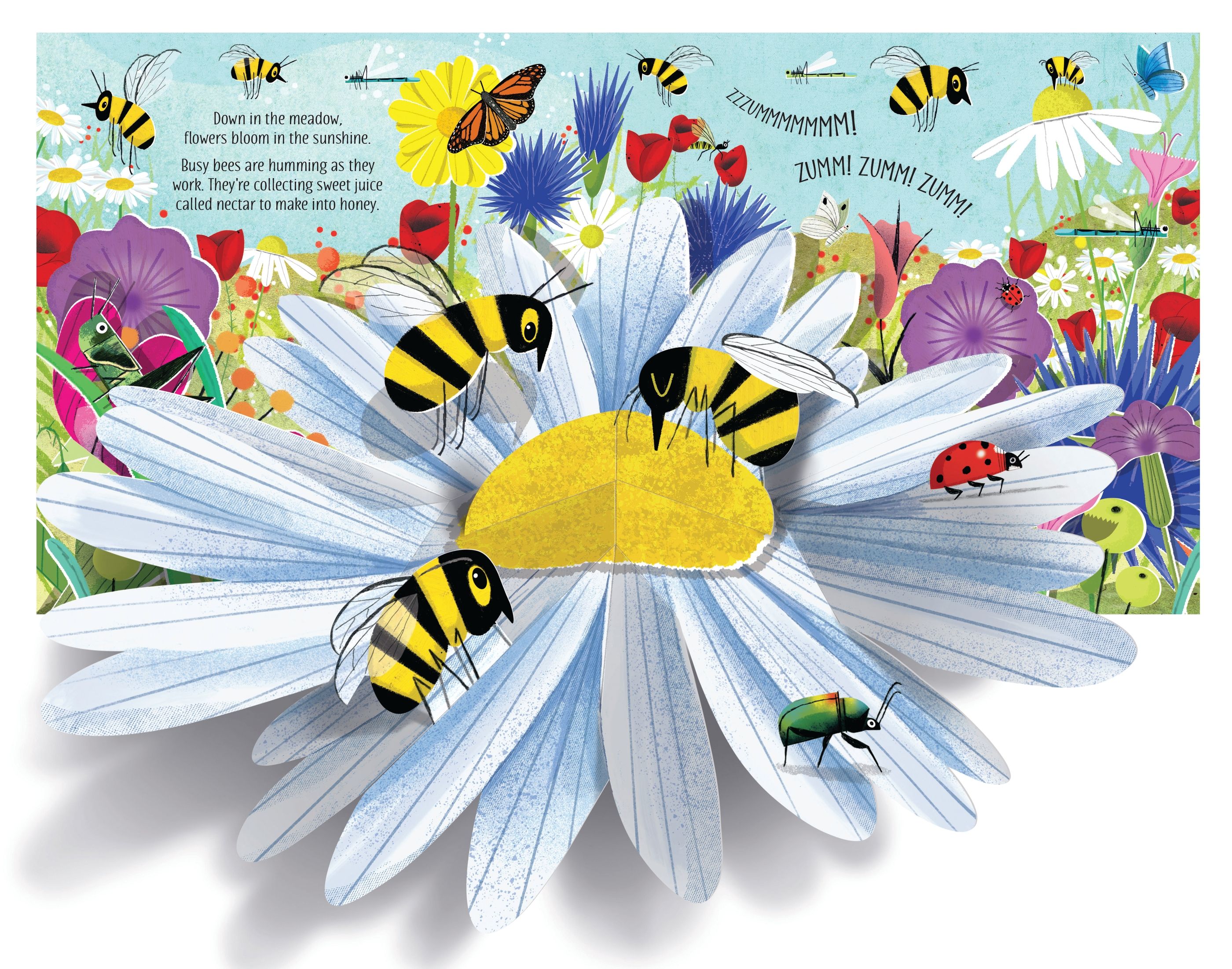 Illustration of bees on a flower with a colorful garden background