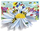 Illustration of bees on a flower with a colorful garden background