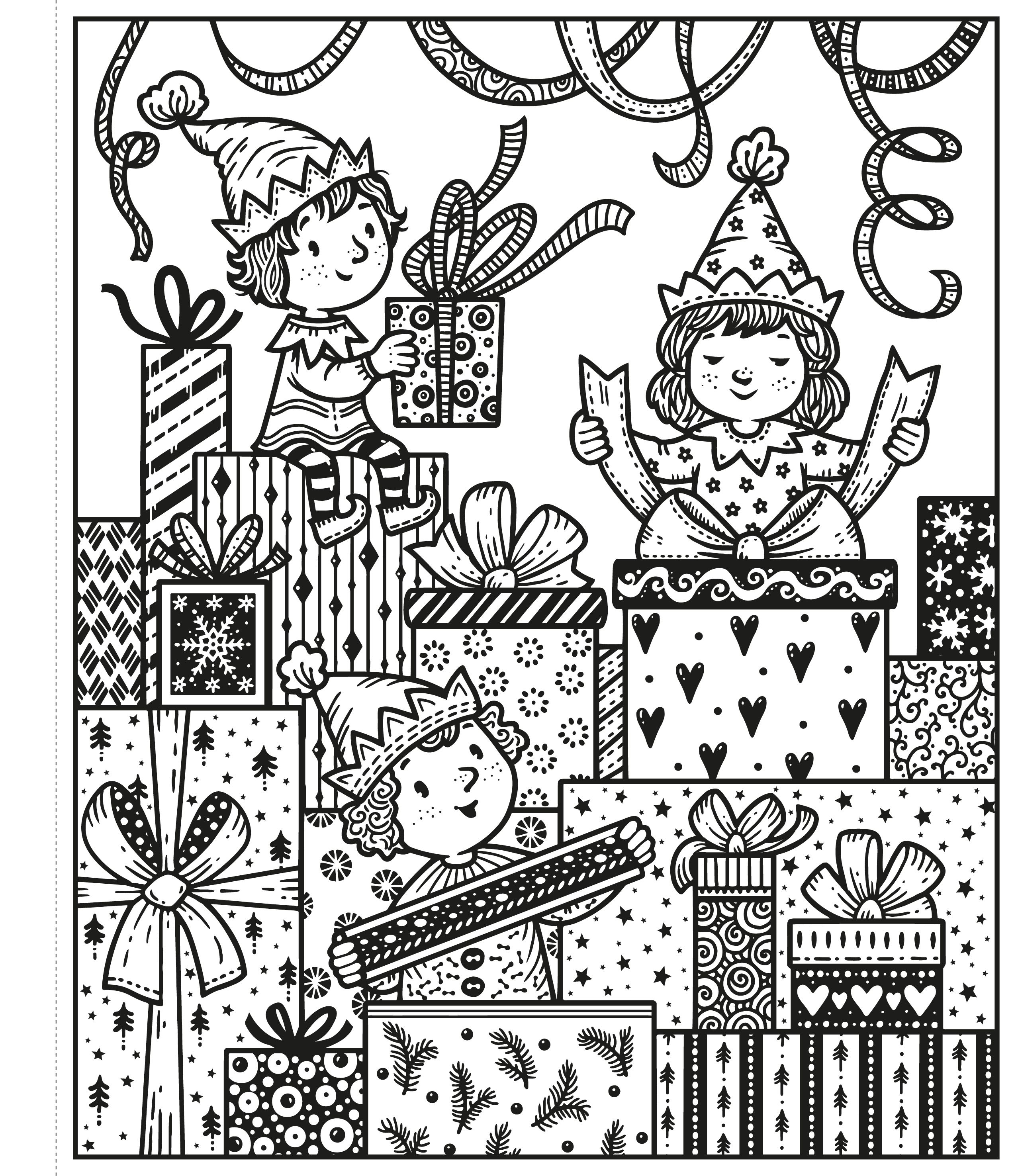 Illustration of three children with presents, suitable for coloring.