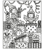 Illustration of three children with presents, suitable for coloring.