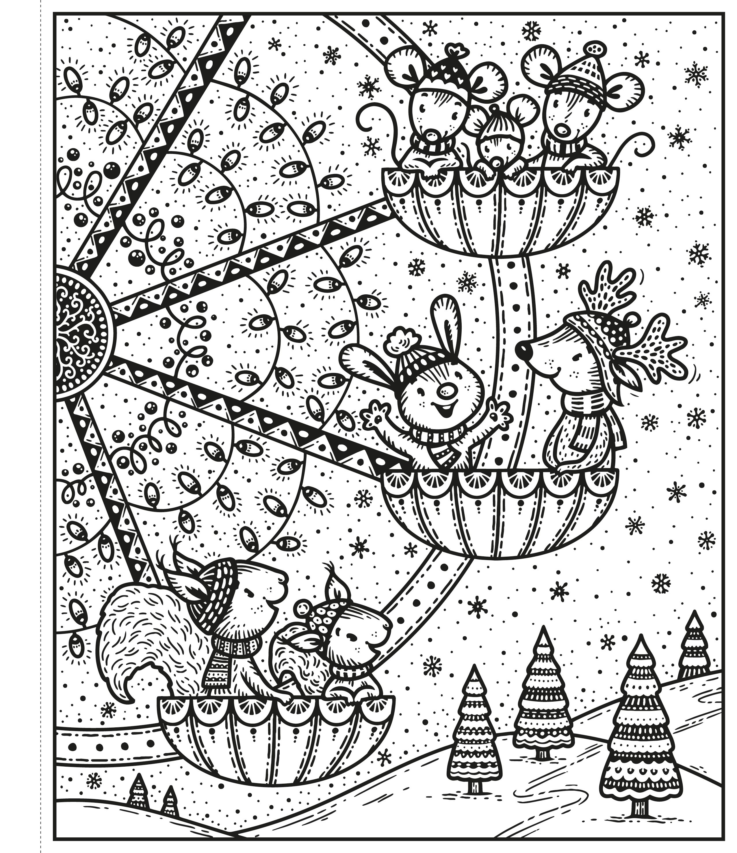 Black and white illustration of animals in hot air balloons with a snowy landscape.