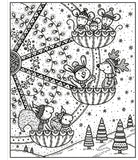 Black and white illustration of animals in hot air balloons with a snowy landscape.
